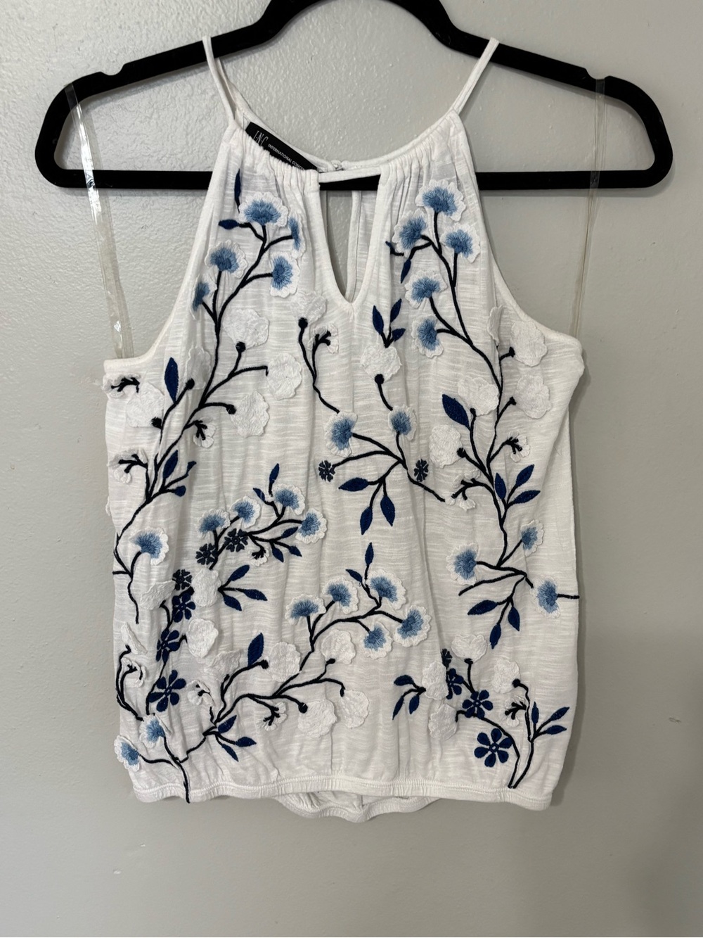 INC International Concepts White Halter Camisole with Blue Floral Embroidery